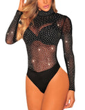 1 x RAW Customer Returns SEBOWEL Women s Sexy Rhinestone Mesh Body Club Party Long Sleeve Bodysuit Blouse Tops, Black Diamond, L - RRP €28.22