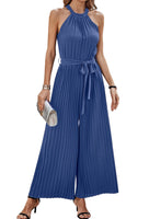 1 x RAW Customer Returns Toplop Jumpsuit Women Elegant Sleeveless Trouser Suit Summer Round Neck Pleated Jumpsuit Halterneck Overall with Belt and Wide Trouser Leg Gray Blue X-Large - RRP €39.99