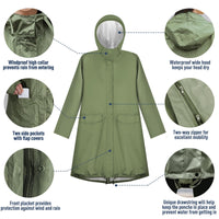 1 x RAW Customer Returns Anyoo Waterproof Raincoat for Women Hooded Rain Jacket Lightweight Long Raincoat Windbreaker Trench Coat Army Green One Size - RRP €27.99