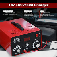 1 x RAW Customer Returns Beleeb Series C30 battery charger 12V 24V 36V 48V 60V 72V car battery charger, pulses of high voltage battery desulfator maintainer for lead acid lithium ion batteries - RRP €169.4