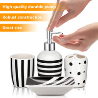 2 x Brand New MUZI Ceramic Bathroom Accessories Set, Modern Design Lotion Bottles, Toothbrush Holder, Tumbler, Soap Dispenser Black and White Striped, 4 Pack  - RRP €52.42