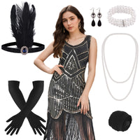 1 x RAW Customer Returns FEPITO 1920s V-Neck Sequin Fringe Dress with 20s Accessories Pure Black Gold, Medium  - RRP €39.59