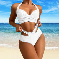 1 x RAW Customer Returns Baynetin Women s Two-Piece Swimsuit Summer Adjustable Halter Triangle Bikini Briefs High Waist Swimwear Women s Swimsuit Deep V with Design White, S  - RRP €27.99