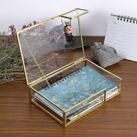 1 x RAW Customer Returns SUMNACON Vintage postcard box made of metal and glass storage for photos postcards and small notebook decoration for living room and study rectangle golden 12x17cm  - RRP €16.13