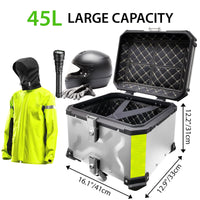 1 x RAW Customer Returns VOKKA Motorcycle Top Case, 45L Waterproof Aluminum Top Case, Motorcycle Luggage Box with Safety Lock Scooter Top Case for Helmet Storage, with Motorcycle Backrest and Base Plate Silver  - RRP €245.99