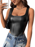 1 x RAW Customer Returns GORGLITTER Leather Tank Top Women Y2k Crop Top With Square Neckline Pu Leather Top Crop Top Sexy Leather Clubwear Black XS - RRP €21.17