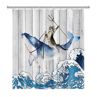 1 x RAW Customer Returns SDOTPMT 180x180cm Funny Cat Riding Whale Shower Curtain Vintage Wooden Floor Japanese Sea Ocean Wave Bath Curtain Cute Cartoon Bathtub Curtain Waterproof for Bathroom Bath Curtain with Hooks - RRP €19.99