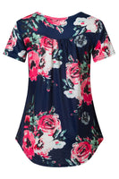 7 x Brand New Bequemer Laden Women s Casual T-Shirt Short Sleeve V-Neck Button Down Blouse Long Shirt Elegant Plain Floral Tunic Tops Top Shirt Summer Spring, Y-Navy, XL - RRP €162.26