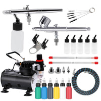 1 x RAW Customer Returns Sagud airbrush set with compressor, including 2 airbrushes 0.3 mm 0.5 mm and 6 airbrush colors, airbrush hose, airbrush needle, 5 plastic airbrush bottles, brushes for airbrush guns - RRP €127.04