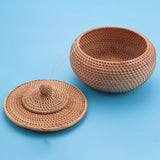 1 x RAW Customer Returns Smallterm Round Rattan Box, Wicker Fruit Basket with Lid Bread Basket Tray Storage Basket Wicker Weave Basket for Bread, Snack - RRP €27.64