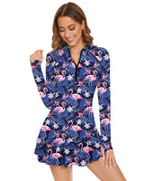 1 x RAW Customer Returns WOWENY swim shirt two-piece swim dress women s plus size swimsuit women s tummy control with shorts long-sleeved rash guard zipper swimwear flamingo print M - RRP €43.36