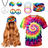 2 x Brand New Alaiyaky 70s Costume Men Set, Hippie Costume Men with T-Shirt Wig Glasses Peace Necklace Headband Earrings Colored Bracelet, Vintage Hippie Outfit for Carnival Costume Party Style 1, S  - RRP €34.06