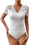 1 x RAW Customer Returns GORGLITTER women s bodysuit transparent lace bodysuit top traditional bodysuit lace bodysuit party bodysuits dirndl bodysuit V-neck white M - RRP €30.24