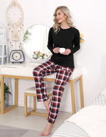 1 x RAW Customer Returns Uniexcosm Women s Cotton Pajama Set Long Two-Piece Sleepwear Raglan Sleeves Sleepwear and Checked Pajama Trousers Leisure Suit Style 1 Black L - RRP €35.99