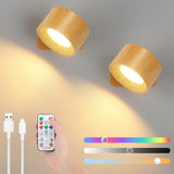 1 x RAW Customer Returns Lightess set of 2 RGB LED wall lights indoor spotlights battery wall lamp dimmable with remote control touch control 360 rotatable wood color, 3 color temperatures for living room bedroom hallway - RRP €31.99