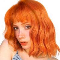 1 x RAW Customer Returns LANCAINI Wavy Wig With Bangs Women s Short Wigs Curly Wavy Bob Synthetic Cosplay Wig for Girls Daily Use Colorful Wigs Orange  - RRP €20.17