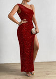 1 x RAW Customer Returns Justchicc Women Sexy One Shoulder Sleeveless Sparkling Sequin Party Dress Maxi Dress Red X-Large - RRP €80.66