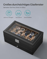 1 x RAW Customer Returns SONGMICS 12-Seater Watch Holder, 2-Tier Watch Box, Glass Lid, Lock, 1 Drawer, for Rings, Bracelets, Gift Idea, Black PU Surface, Green Beige Interior JWB012 - RRP €33.26