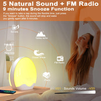 1 x RAW Customer Returns Light alarm clock, daylight alarm clock Wake up light sunrise sunset simulation alarm clock FM radio 5 nature sounds 2 alarms snooze 12 color light 20 brightness bedside lamp for children adults - RRP €33.99