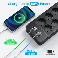 1 x RAW Customer Returns NVEESHOX multiple socket with 3 USB-A and 1 USB-C 20W PD , 10-way power strip with individual switch, power strip surge protection, 2m power strip, multiple plug for home, office - RRP €28.59