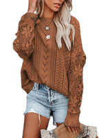 1 x RAW Customer Returns Dokotoo Sweater Women Lace Long Sleeve Knitted Sweater Pullover Casual Round Neck Loose Tops Elegant Autumn Winter Long Sleeve Shirt Sweatshirt Tops, Brown, M - RRP €20.16