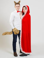 1 x RAW Customer Returns Hestya 5 Piece Halloween Couple Costume Wolf Costume with Wolf Tail Clip Ears Gloves Set Red Hooded Cape with Picnic Basket Stylish Style, Long  - RRP €37.99