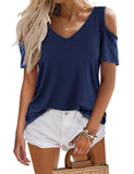 1 x RAW Customer Returns Beluring Women s Casual T-Shirt Off Shoulder Top V-Neck Solid Color Summer Basic Shirt Royal Blue L - RRP €24.0