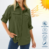 1 x RAW Customer Returns yeyity Shirt Women UPF 50 UV Protection Long Sleeve Shirt Women Outdoor Quick-drying Summer Shirts Safari Clothing Hiking Shirt Casual Button Down Tops 5071, Amy Green, XL  - RRP €37.3