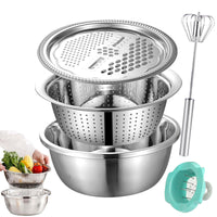 1 x RAW Customer Returns HNNJCK 4-piece set sieve stainless steel bowl with grater, kitchen metal bowl drainer pasta strainer with whisk, mixing bowl kitchen sieve stainless steel, mixing bowl set large - RRP €22.98