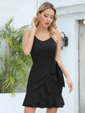 1 x RAW Customer Returns Missufe cocktail dress wrap dress party dress mini dress strap dress women bodycon elegant spaghetti straps V neck short ruffle dress black, medium  - RRP €28.22