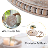 1 x RAW Customer Returns Romadedi Wooden Beaded Tray Country House 31cm Rustic Round Wooded Tray for Candle Centerpiece Decorative White Washed Distressed Home D cor Kitchen Countertop - RRP €23.99