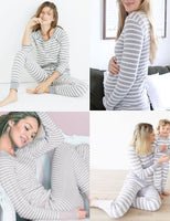 1 x RAW Customer Returns Ekouaer Maternity Pajamas Pajamas for Women with Nursing Function Long Sleeve and Long Pants Winter in Round Neck, Stripe-2, S - RRP €35.62