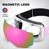 1 x RAW Customer Returns Odoland ski goggles unisex for men and women, boys, frameless snowboard goggles with magnetic interchangeable lenses, UV protection, anti-fog snow goggles, helmet-compatible ski goggles for skiing, white, pink-purple - RRP €41.14