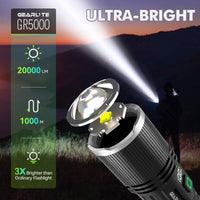 1 x RAW Customer Returns GEARLITE LED flashlight rechargeable, 20,000 lumens LED flashlights extremely bright with holster 5 modes, IP65 waterproof hand lamp zoomable for camping emergencies outdoor gift - RRP €17.14