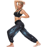 1 x RAW Customer Returns Nuofengkudu Unisex Women Baggy Hippie Harem Long Pants High Waist Boho Flower Print Thai Indian Bloomers Yoga Pants Casual Summer Beach Blue Black,XL  - RRP €24.98