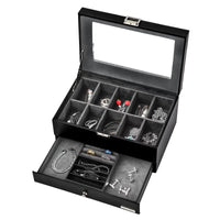 1 x RAW Customer Returns VASIHO 10 Compartment Watch Box, 2 Tier Watch Storage Box, Glass Lid, 1 Drawer, for Cufflinks, Rings, Bracelets, Gift Idea, Gray Leatherette Exterior SSH003H - RRP €34.27