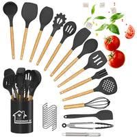 1 x RAW Customer Returns DLD kitchen utensil set, 25 pieces silicone kitchen utensils set, heat-resistant wooden handles, non-stick cookware set with container, BPA-free, non-toxic - RRP €28.73