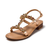 1 x RAW Customer Returns JOMIX Sandals Women Elegant Jewels Summer Shoes Lightweight Beach Sandals Low Buckle Summer Sea Pool Beach Slippers Champagne, 36 EU  - RRP €32.56