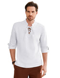 1 x Brand New SCARLET DARKNESS Men s Linen Shirt Stand-Up Collar 3 4 Sleeves with Drawstring Renaissance Pirate Shirt White 2XL - RRP €40.33