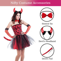 13 x Brand New IWTBNOA 3pcs Devil Horns Costume Set, Devil Costume Women, Devil Horns Headband, Halloween Costume Women Devil with Bow Tie, Devil Tail and Devil Horn, for Adults Carnival Masquerade Cosplay - RRP €78.52