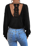 1 x RAW Customer Returns GORGLITTER Women s Long Sleeve V Neck Sexy Top with Lace Backless Shirt Knitted Top Elegant Blouse Top Black L - RRP €29.23