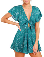 1 x RAW Customer Returns AGQT Women s Jumpsuit Summer Floral Summer Dress Short Tunic Dress V-Neck Polka Dots Beach Dress Boho Overall Green S - RRP €33.26