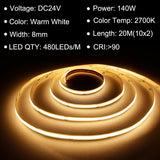 1 x RAW Customer Returns TTWAY COB LED strip 20m, 2700K DC24V LED strip with power supply, remote control, 384LEDs M, CRI 90 , 8mm width, dimmable LED strip for home decoration, warm white 2x10m  - RRP €77.7