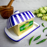 1 x RAW Customer Returns City to Cottage - Ceramic butter dish Blue and white striped Handmade 250 gram ceramic butter dish with lid - RRP €37.95