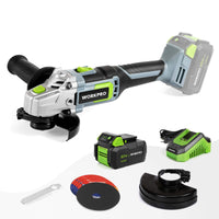 1 x RAW Customer Returns WORKPRO 20V Angle Grinder, 125mm Cordless Angle Grinder, 5 Stainless Steel Cutting Discs, 4.0Ah Battery and Quick Charger, 2 Protective Wheel Covers, Auxiliary Handle - RRP €90.74