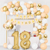 2 x Brand New QIUQI 18th birthday decoration beige, 18 year decoration birthday, decoration 18th birthday girls boys, white gold apricot balloon and HAPPY BIRTHDAY banner for 18th party - RRP €38.4