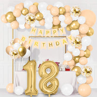 4 x Brand New QIUQI 18th Birthday Decoration Beige, 18th Year Decoration Birthday, Decoration 18th Birthday Girls Boys, White Gold Apricot Balloon and HAPPY BIRTHDAY Banner for 18 Party - RRP €58.08