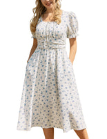 1 x RAW Customer Returns Women s Victorian Floral Dress Puff Sleeve Square Neck A-Line with Lace Dresses White with Blue Flowers XXL - RRP €39.31