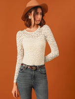 1 x Brand New Allegra K Women s Lace Top Long Sleeve Embroidery Floral Pattern Transparent Blouse Shirt Beige M - RRP €34.27