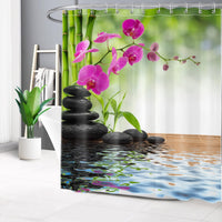 1 x RAW Customer Returns LB Green Bamboo Shower Curtain 150x180cm Orchid Purple Bath Curtain Black Stones Waterproof Anti-Mold Polyester Fabric Short Bathroom Curtains Set with Hooks, Zen Spa - RRP €21.4